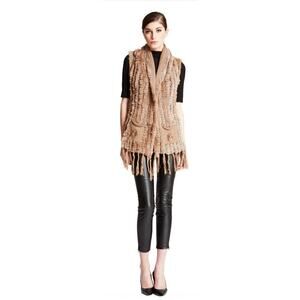Belle Fare Lenzen Knitted Rabbit Fur&Wool Open Front Vest with Fringe ,OS